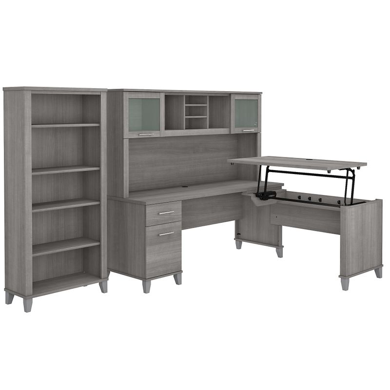 Somerset 72W Sit to Stand L-Desk with Hutch and Bookcase in Ash Gray - Maple Cross