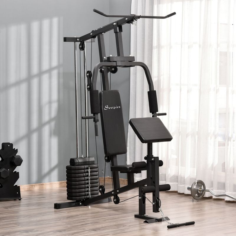 Soozier Home Power Tower Multifunction Workout Rack with Poll-up Stand & Dip Station, Weight Stack Machine for Whole Body - Black