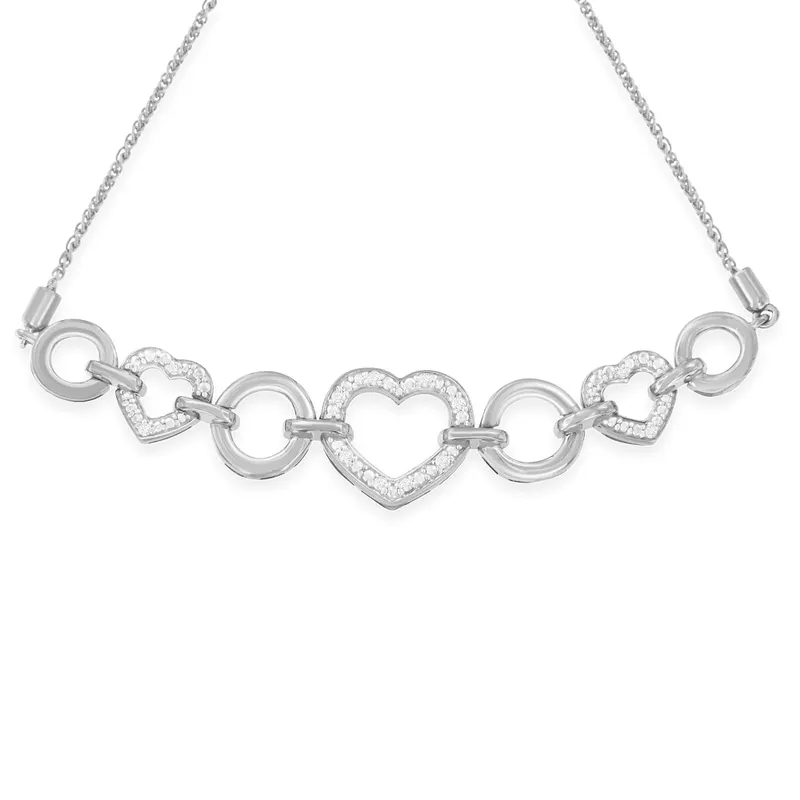 .925 Sterling Silver Diamond Accent Interlinking Triple Heart 4”-10” Adjustable Bolo Tennis Bracelet Bolo Bracelet (H-I Color, I2-I3 Clarity)