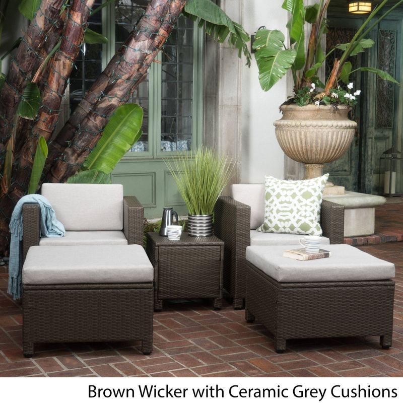 Puerta 5-piece Outdoor Wicker Chat Set with Water Resistant Cushions by Christopher Knight Home - Dark Brown Wicker with Beige Cushions