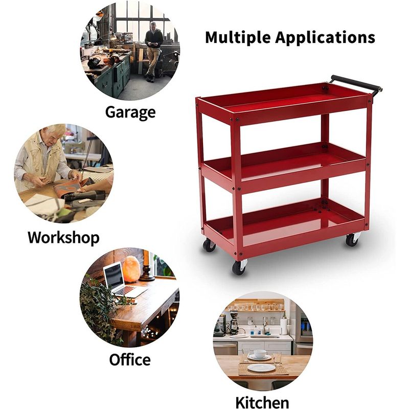 Mcombo 3 Tiers Metal Tool Cart for Garage, Utility Heavy Duty Cart with Anti-Scratched Cloth, Lockable Wheels, TC77 - Red