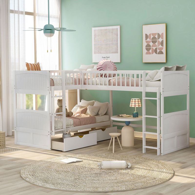 Twin Size Bunk Bed with a Loft Bed attached, with Two Drawers - Grey