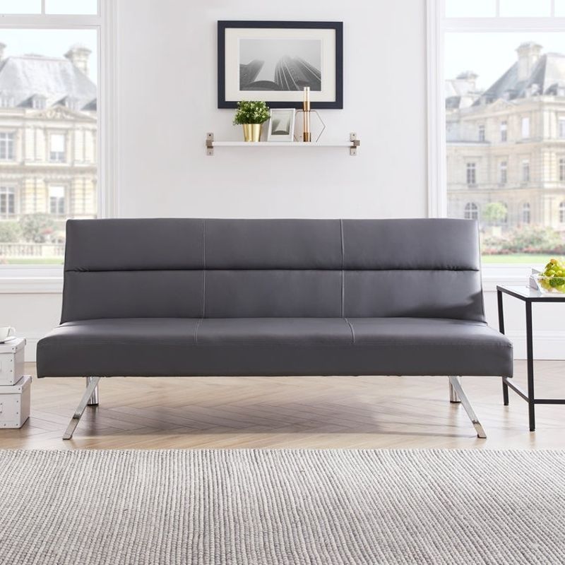 Zoe Futon Sofa Bed Faux Leather Futon Couch Modern Convertible Folding Sofa Bed Couch with Chrome Legs, Reclining Mini Couch - Gray