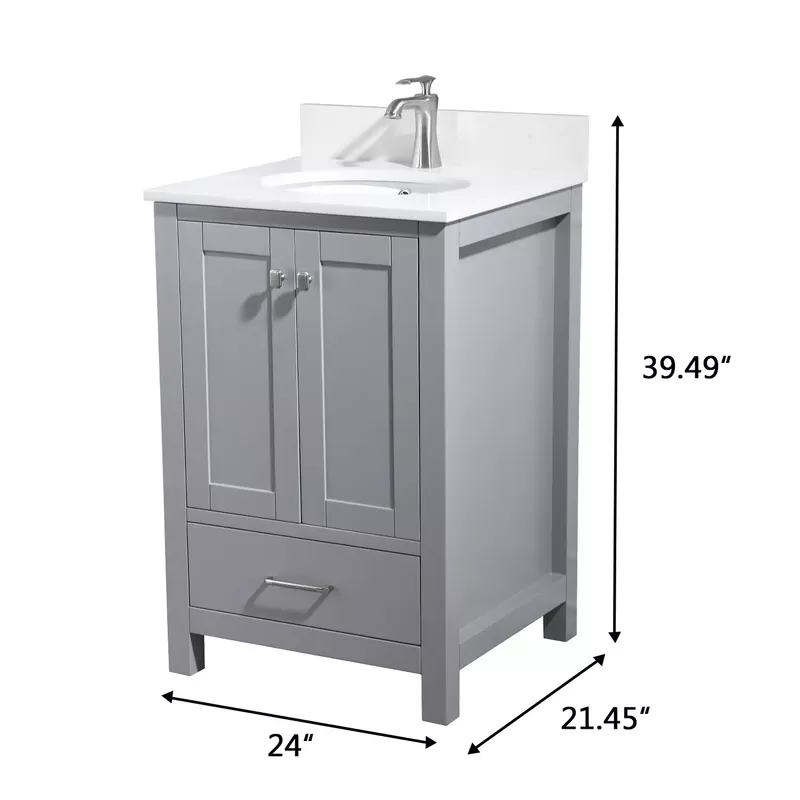 Proox 24 in.Contemporary Bathroom Vanity Quartz Top Round Rectangle Sink - White - Single Vanities