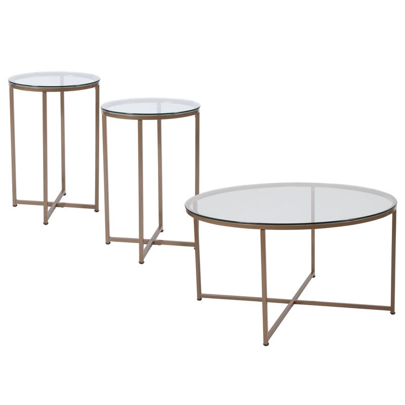 3 Pc Round Coffee & End Table Set w/ Glass Tops & Cross Brace Matte Gold Frames - Clear/Matte Gold