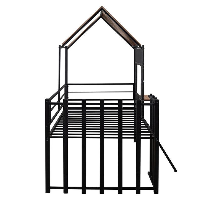 Metal Twin Size Loft Bed with Roof, Window, Guardrail, Ladder - Black+Natural