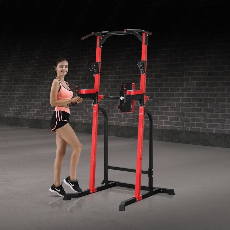Zenova  Weight capacity  550 lbs Power Tower Pull-up Bars Workout Dip Stands - N/A - Red