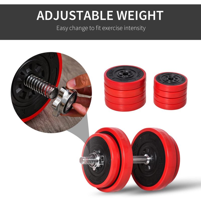 Soozier 44lbs Two-In-One Dumbbell & Barbell Adjustable Set Strength Muscle Exercise Fitness Plate Bar Clamp Rod Home Gym Sports - Red