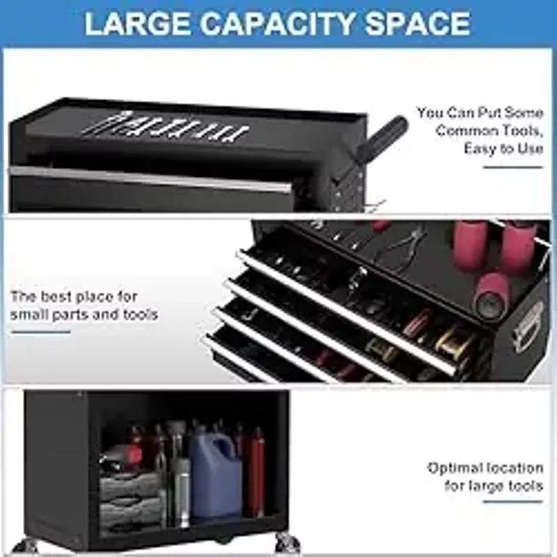 SumKea Wheels, Box, 5 Drawer Rolling Tool Chest and 2 Lockers, Detachable Storage Cabinet, for Garage Warehouse Workshop, Black