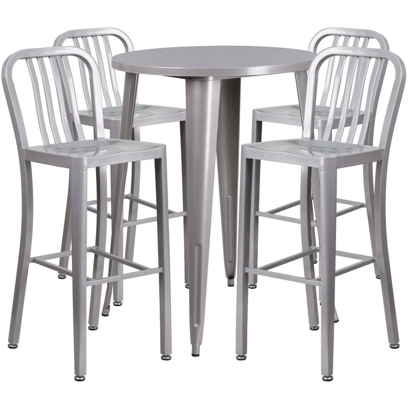 30'' Round Metal Indoor-Outdoor Bar Table Set with 4 Vertical Slat Back Stools - 30"W x 30"D x 41"H - Black