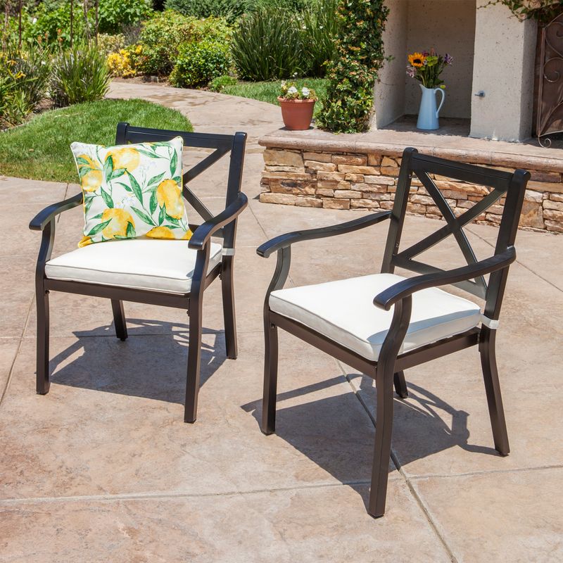 Exuma Outdoor Black Cast Aluminum Dining Chairs with Ivory Water Resistant Cushions (Set of 2) by Christopher Knight Home - Black with...
