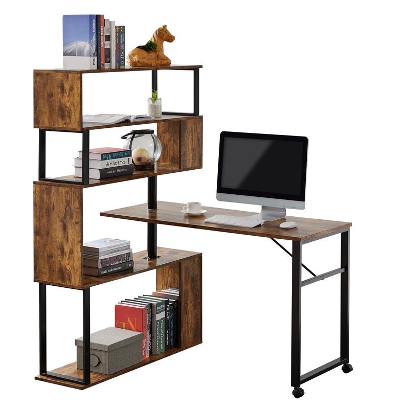 Nestfair L-Shaped Home Office Computer Desk with 5-Story Bookshelf - Black