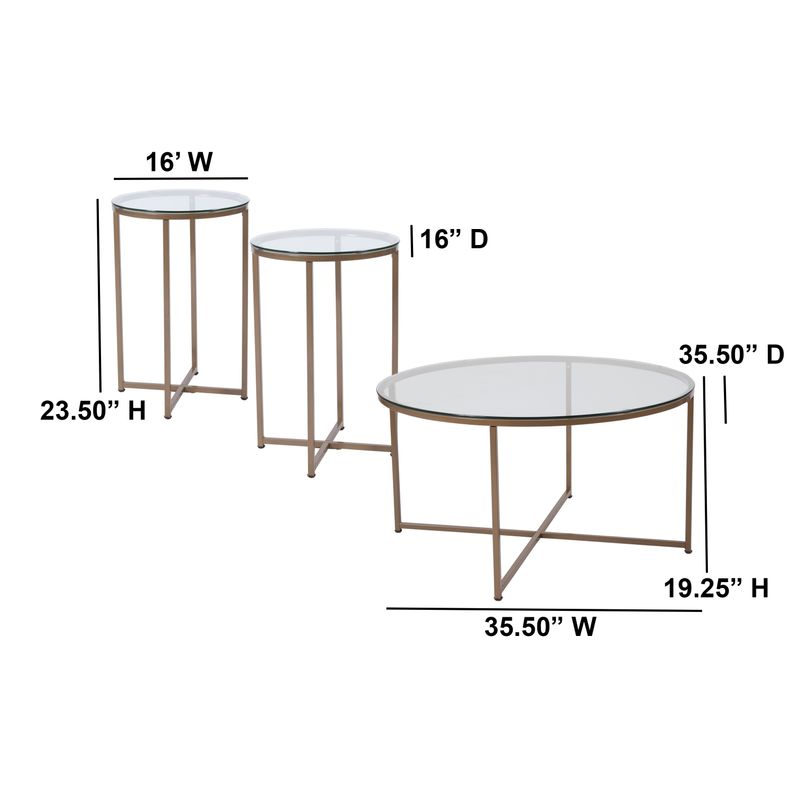 3 Pc Round Coffee & End Table Set w/ Glass Tops & Cross Brace Matte Gold Frames - Clear/Matte Gold