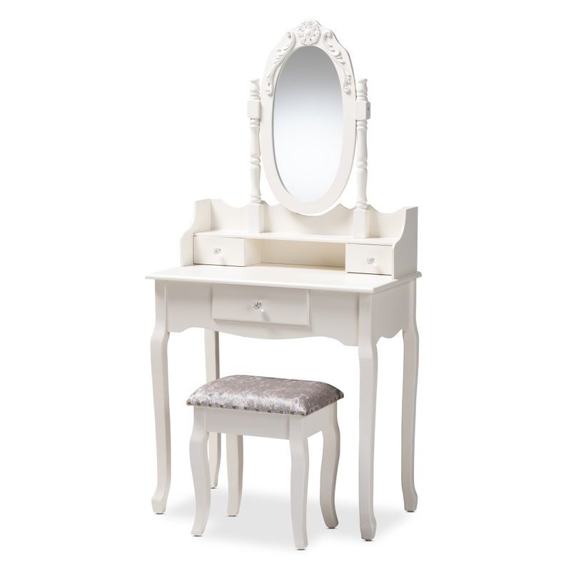 French Country 2-Piece Vanity Table and Ottoman Set - White