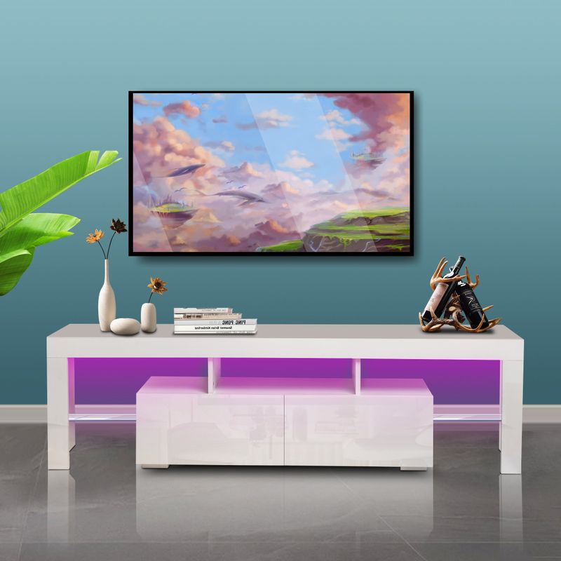 Morden TV Stand with LED Lights,High Glossy Front TV Cabinet - Black