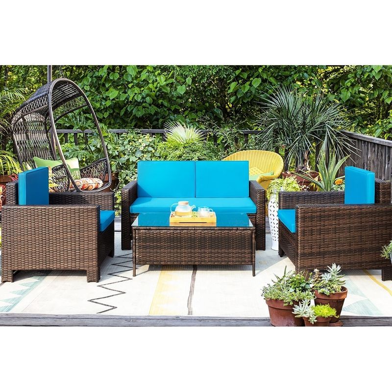 Homall 4 Pieces Outdoor Patio Furniture Sets Rattan Chair - Brown/Blue