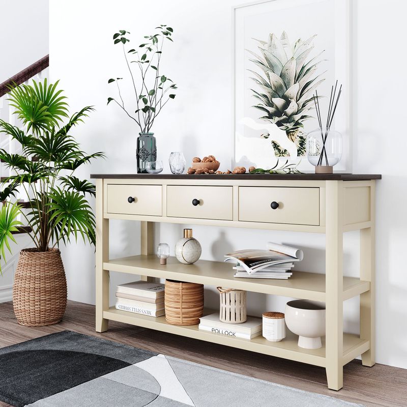 Nestfair Solid Wood Console Table with Three Top Drawers and Two Open Shelves - Beige