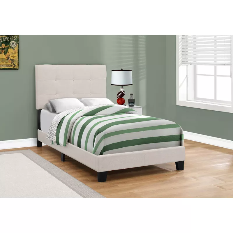 Bed/ Twin Size/ Platform/ Teen/ Frame/ Upholstered/ Linen Look/ Wood Legs/ Beige/ Black/ Transitional