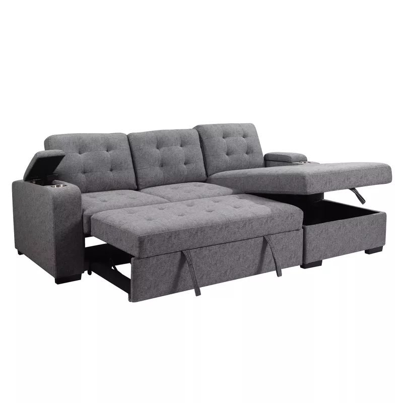 Belmont 96 in. Tufted Grey Right Facing L Shaped Sleeper Sectional with Storage