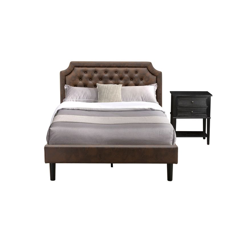 2Pc Bedroom Set - Dark Brown Faux Leather Upholstered Bed with Black Legs - Wire brushed Black Night Stand (Bed Size Option) -...