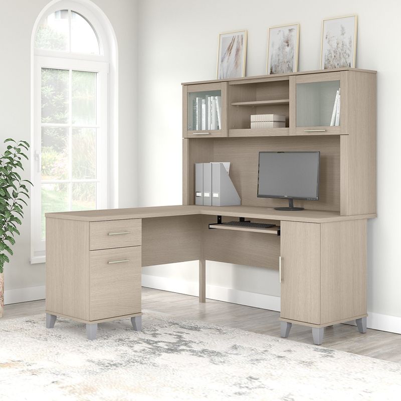 Somerset 60W L Shaped Desk with Hutch - Sand Oak