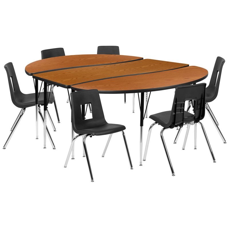 86" Oval Wave Collaborative Laminate Activity Table Set with 18" Student Stack Chairs, Grey/Black - Oak