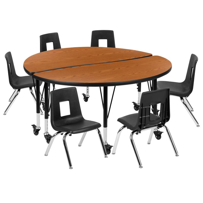 Mobile 47.5" Circle Wave Collaborative Laminate Activity Table Set with 14" Student Stack Chairs, Grey/Black - Grey
