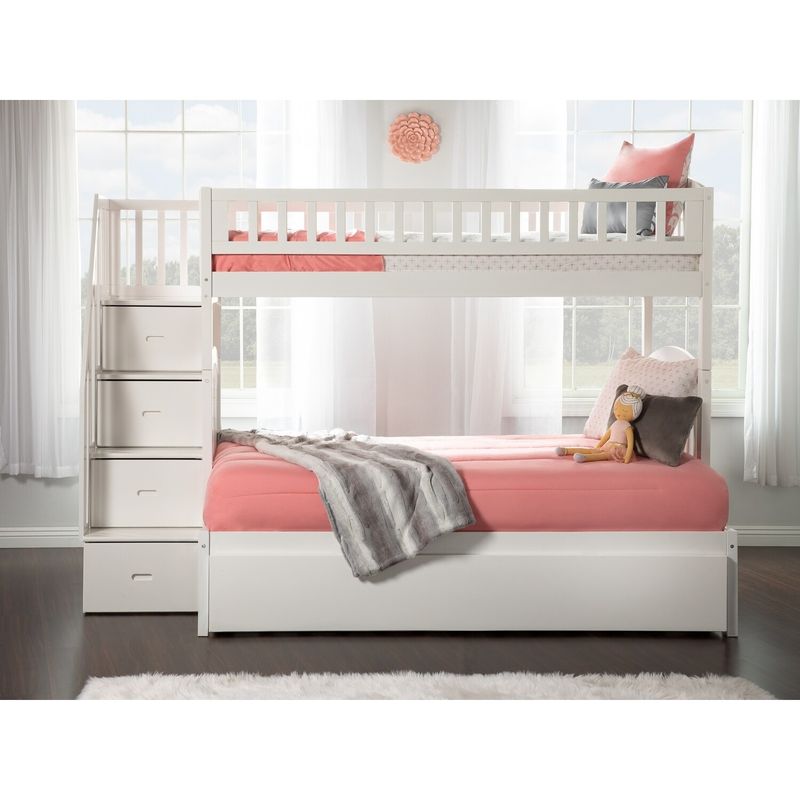Westbrook Staircase Bunk Twin over Full with Twin Size Urban Trundle Bed in White