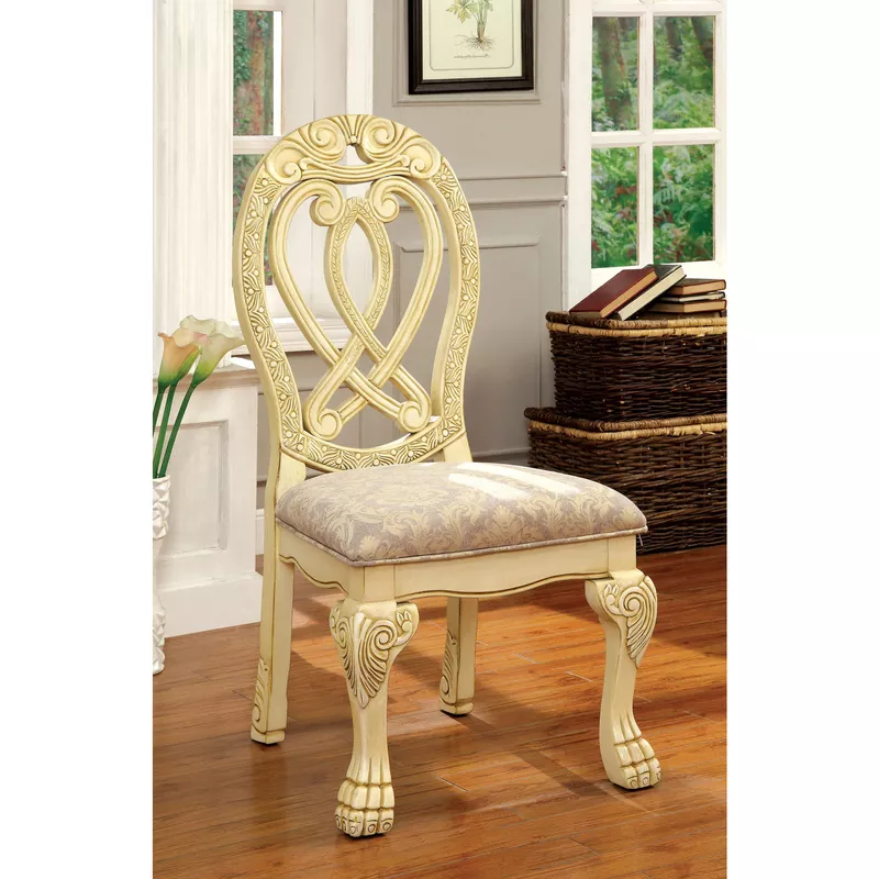 Traditional Wood Padded Dining Chairs in Vintage White/Beige (Set of 2)
