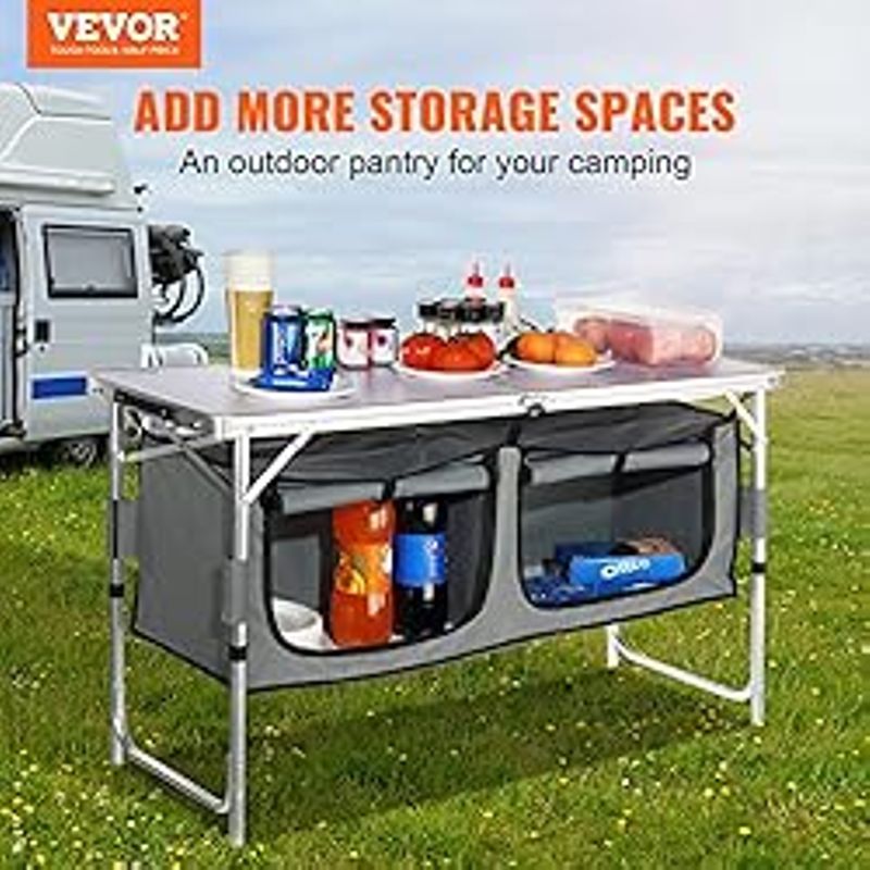 VEVOR Camping Kitchen Table, 3 Adjustable Height Aluminum Portable Folding Camp Cooking Station with Storage Organizer & Carrying Bag,...