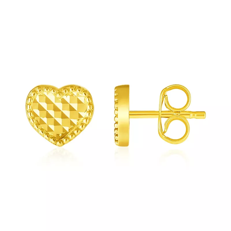 14k Yellow Gold Textured Heart Post Earrings