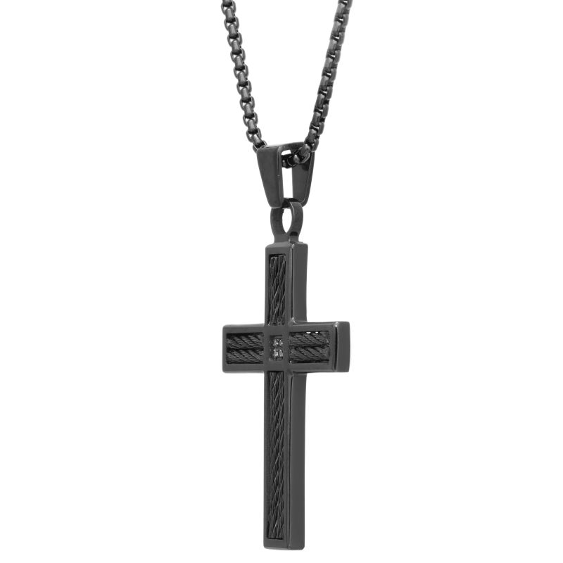 Stainless Steel Cable Cross Pendant with Black Ip on 24" Box Chain