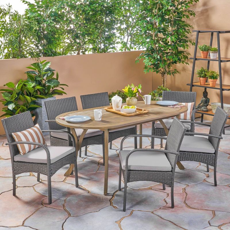Mason Outdoor 7 Piece Wood and Wicker Dining Set by Christopher Knight Home - gray