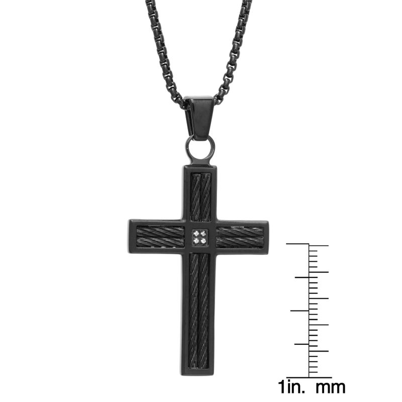 Stainless Steel Cable Cross Pendant with Black Ip on 24" Box Chain