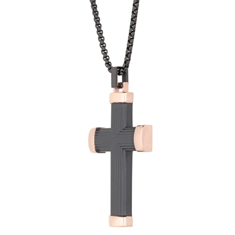 Black Ion Plating Cross Pendant with Rose Ion Plating on 24" Black Round Box Chain