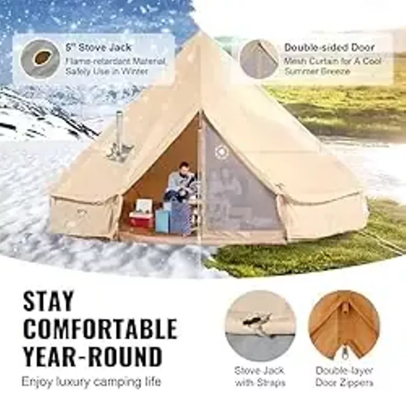VEVOR Canvas Bell Tent, 4 Seasons Yurt Tent, Canvas Tent for Camping with Stove Jack, Breathable Tent Holds up to 4-10 People, Family Camping Outdoor Hunting Party