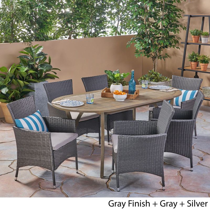 Wyatt Outdoor 7 Piece Wood and Wicker Dining Set - Grey/silver cushion