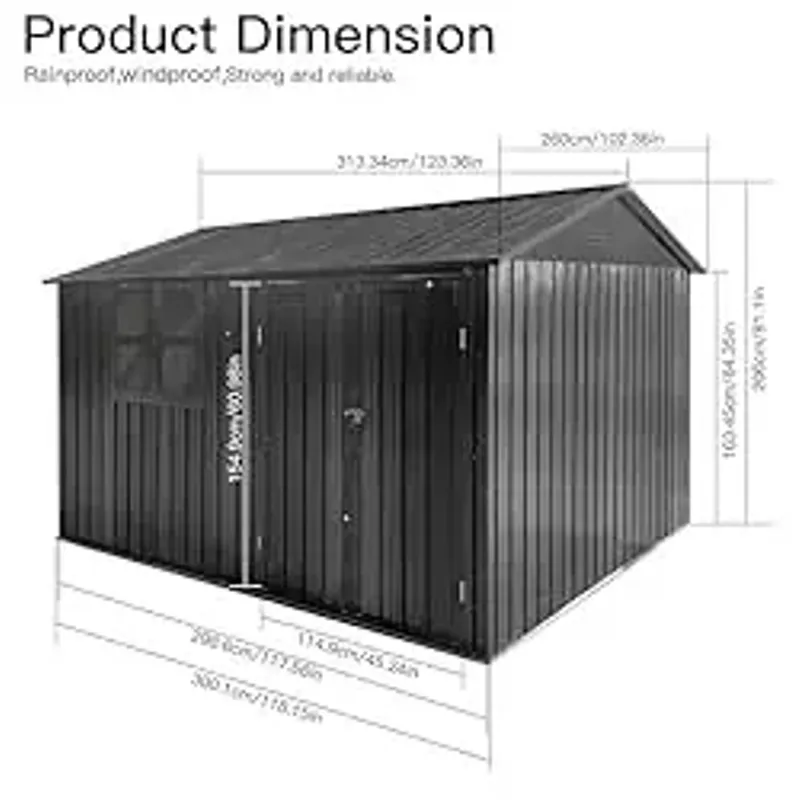 DHPM Sheds with Window Outdoor 10FT x 8FT & Storage Clearance, Metal Anti-Corrosion Utility Tool House with Lockable Door & Shutter Vents, Waterproof Storage Garden Shed for Backyard Lawn Patio