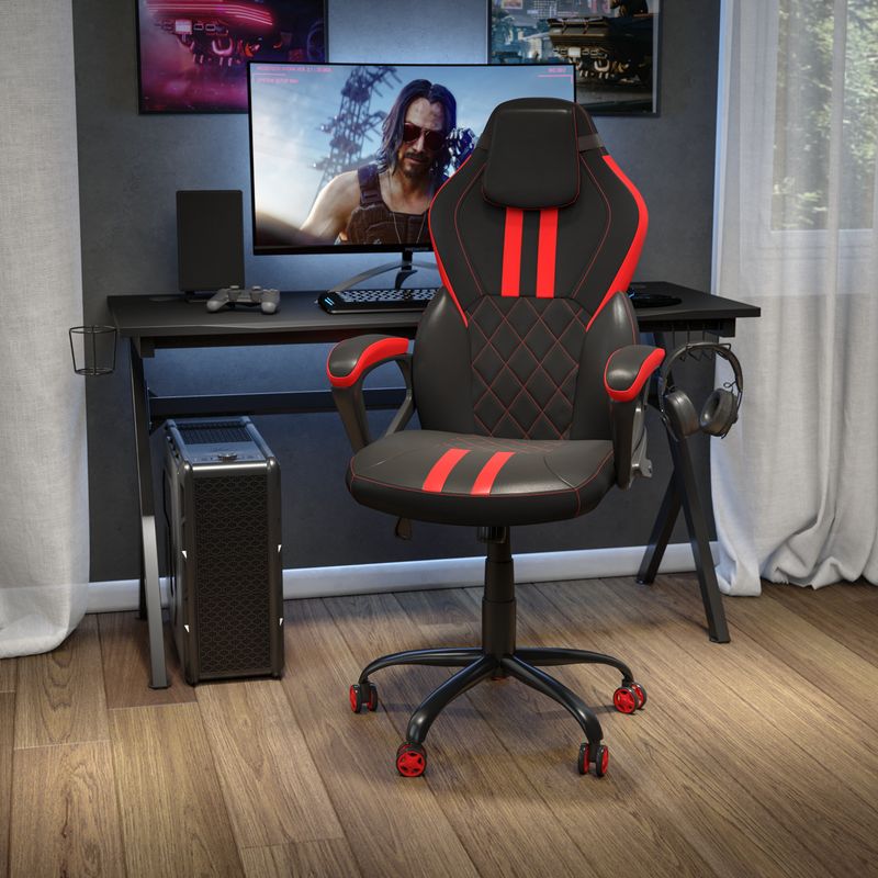 Ergonomic Designer Computer Gaming Chair with Diamond Stitching - 24.75"W x 27"D x 44" - 48"H - 24.75"W x 27"D x 44" - 48"H - Black/Red