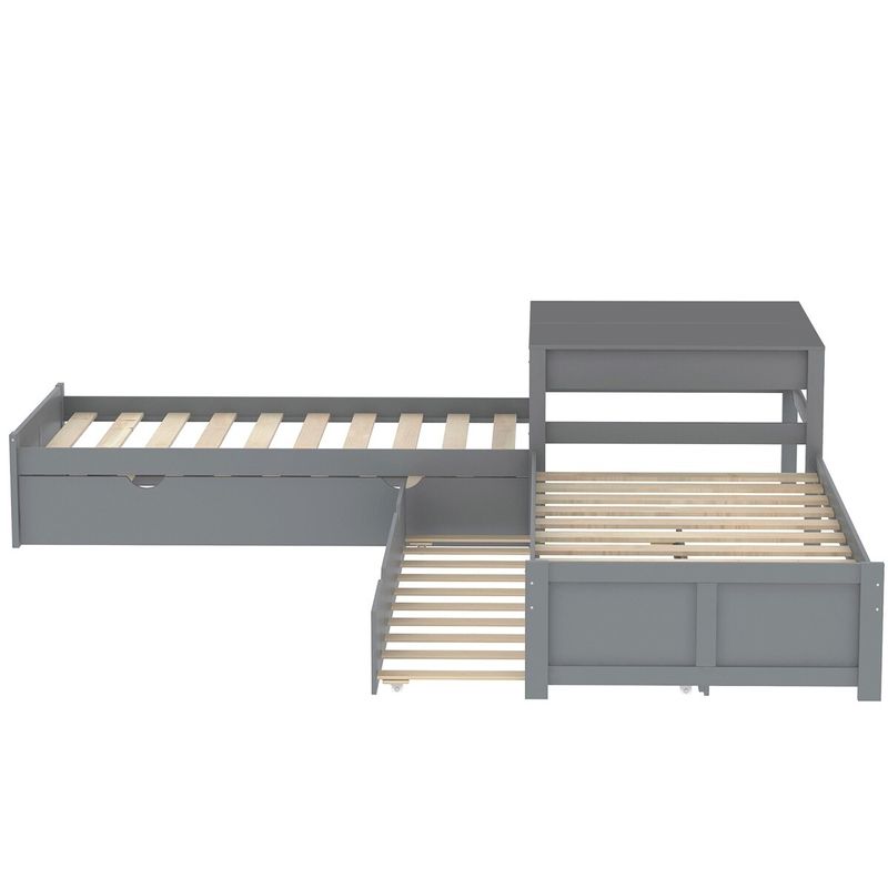Merax Twin Size L-shaped Platform Bed with Two Trundles and Built-in Table - Grey