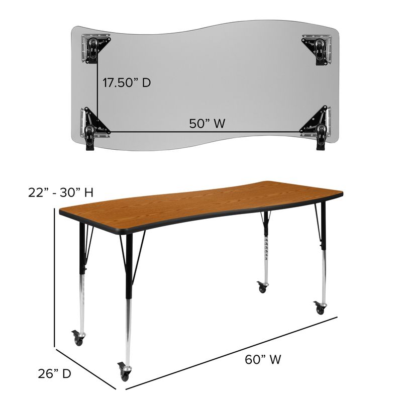 Mobile 26"W x 60"L Rectangular Wave Collaborative Grey Adjustable Activity Table - Oak