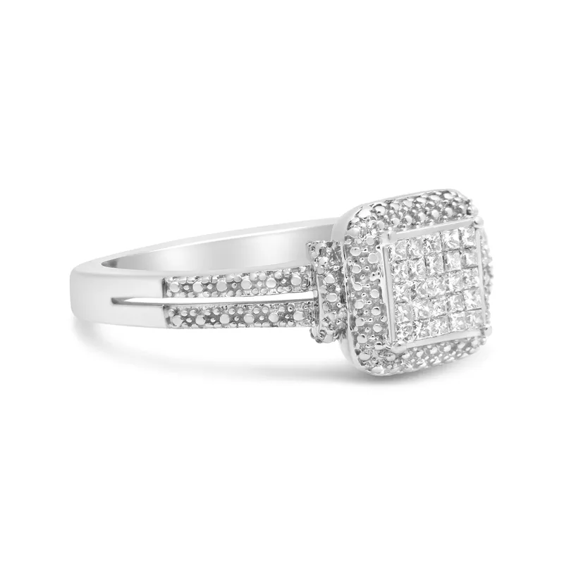 .925 Sterling Silver 1/4 Cttw Princess-cut Diamond Composite Ring with Beaded Halo (H-I Color, SI1-SI2 Clarity) - Size 8