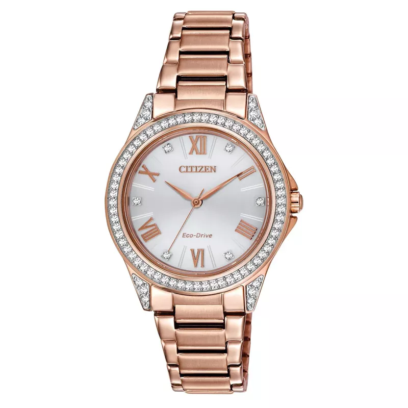 Citizen - Ladies POV Eco-Drive Crysal Pink Gold-Tone Stainless Steel Watch Silver Dial