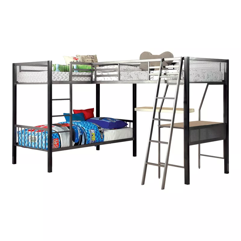 Contemporary Metal Triple Twin Bunk Bed in Gray and Silver