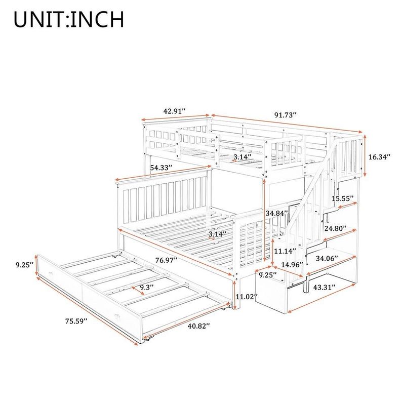 Rent To Own Twin Over Full Bunk Bed With Twin Size Trundle Storage And Guard Rail Grey