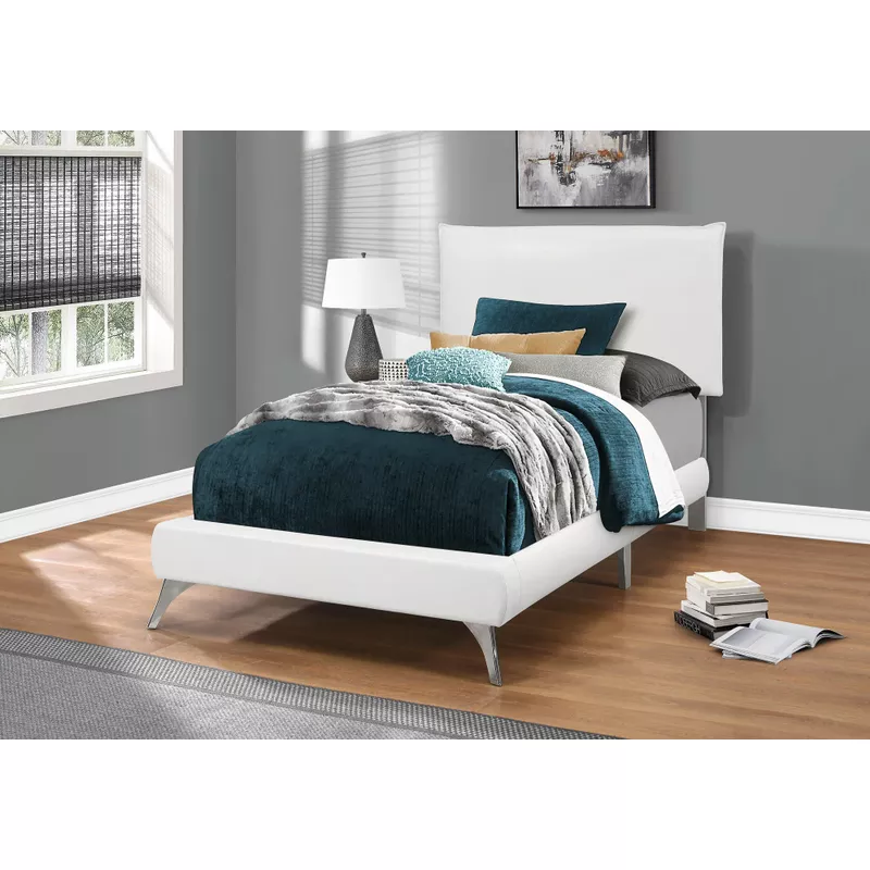 Bed/ Twin Size/ Platform/ Teen/ Frame/ Upholstered/ Pu Leather Look/ Metal Legs/ White/ Chrome/ Contemporary/ Modern