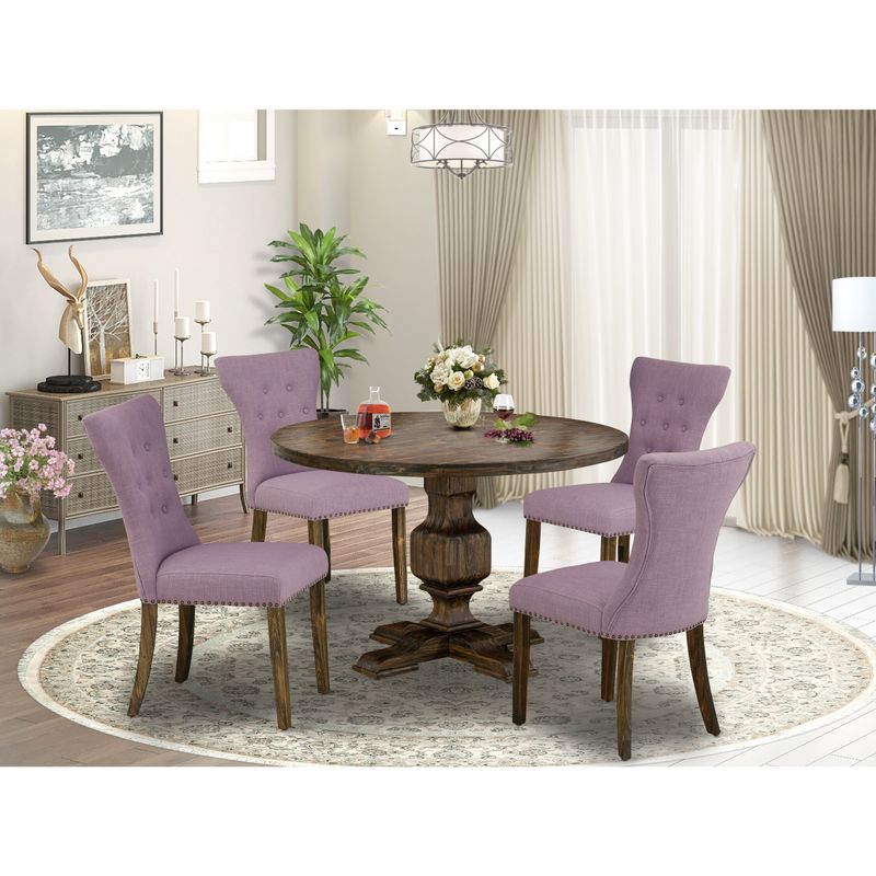 East West Furniture Dining Table Set Includes a Dining Table and Dahlia Parson Chairs - Distressed Jacobean (Pieces Option) - I3GA7-740