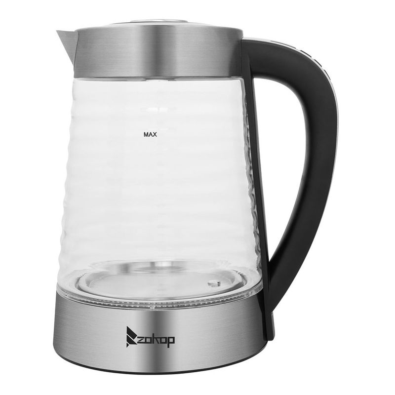 2.2L Electric Glass Kettle, Wave Body Kettle With Electronic Handle - Black+Silver