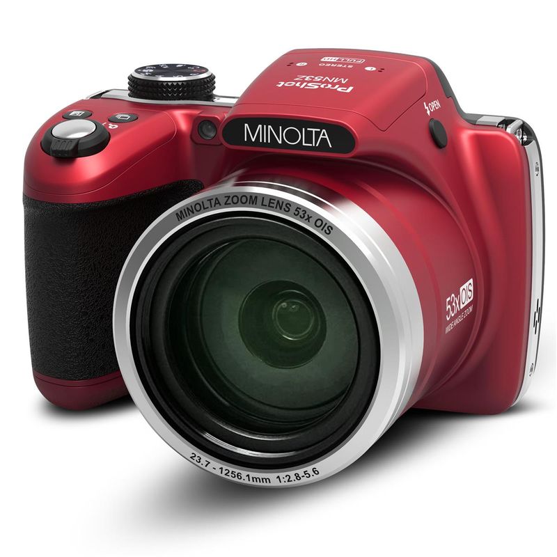 Minolta MN53Z 16MP FHD Digital Camera with 53x Optical Zoom, Wi-Fi, Red Bundle with Shoulder Bag, Octopus Tripod, 16GB SD Card, Reader,...
