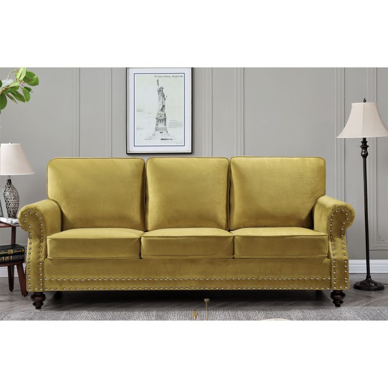 Ramos Nailhead Velvet 3-Piece Set-Loveseat Sofa and Chair - Strong Yellow